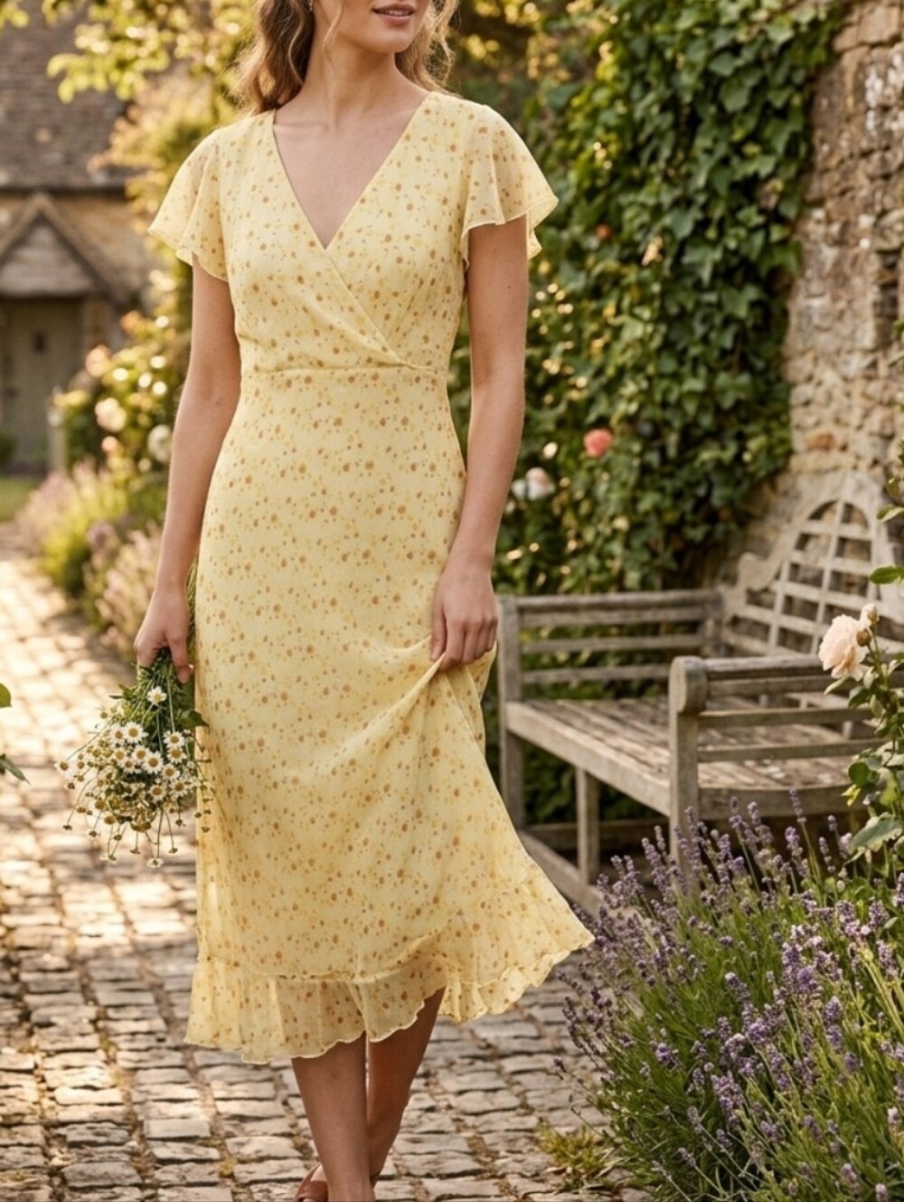 Light Yellow Floral Wrap-Front Midi Y2L Dress Sz 20W